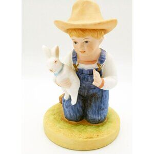 Denim Days Homco Boy Holding Rabbit Collectible 6 Inches Tall Hand Painted Farm